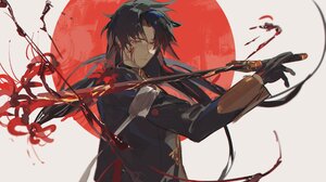 Anime Boys Sword Long Hair Honkai Star Rail Gloves Flowers Weapon Simple Background Minimalism 2633x1512 Wallpaper