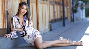 Asian Model Women Long Hair Dark Hair Sitting Nylons Sandals Depth Of Field Leaning Looking At Viewe 1920x1279 Wallpaper