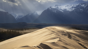Mountains Dunes Overcast Clouds Snowy Peak Windy Desert Sand Sun Rays 8256x5522 Wallpaper