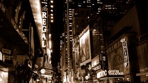 Cityscape USA Architecture New York City Street Building Skyscraper Night Street Light Signs Theater 1920x1080 Wallpaper