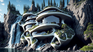 Ai Art House Futurism Nature Waterfall Water Trees Building 3840x2160 Wallpaper