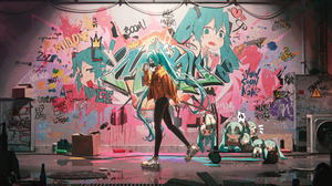 Vocaloid Hatsune Miku Artwork Anime Walking Twintails Blue Hair Blue Eyes Chibi Ropes Mask Graffiti  5000x2318 Wallpaper