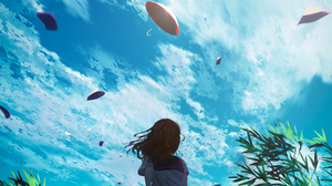 Shuu Illust Low Angle Anime Girls Vertical Clouds Cumulus Schoolgirl School Uniform Worms Eye View S 1752x2336 Wallpaper