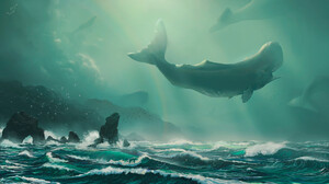 Victor Sales Digital Art Fantasy Art ArtStation Whale Sea Rainbows Mist Birds Floating Water Animals 1920x1080 Wallpaper