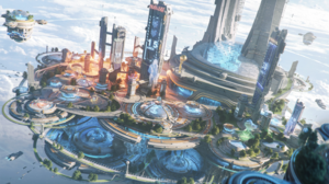 Science Fiction Science Island High Tech Skyscraper Blue Water Greenery Dome Futuristic Fantasy Art  2800x1575 Wallpaper