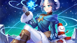 Dominiel Epic Seven Snowman Epic Seven Anime Girls Blue Eyes Blue Hair Smile Snow Flakes Ion Artist  3184x2156 Wallpaper