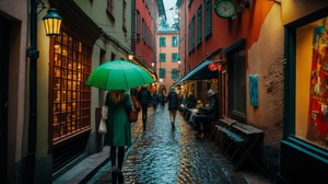 Ai Art City Umbrella Women Small Alley Stockholm Street Light People Building 4579x2616 Wallpaper