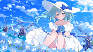Anime Anime Girls Hat Smiling Blushing Looking At Viewer Flowers Clouds Sky Dress Windmill Petals 2550x1500 Wallpaper