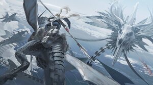 Anime Girls Dragon Skull Spear SWAV Weapon Clouds Sky Long Hair Twintails 2000x999 Wallpaper