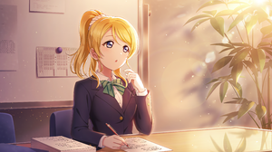 Ayase Eli Love Live Anime Anime Girls Schoolgirl School Uniform Bow Tie Leaves Sunlight Sitting Pape 4096x2520 wallpaper