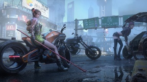 Cyberpunk 2077 Cyberpunk Digital Art Video Game Girls Video Games Women Motorcycle City KFC McDonald 2560x1380 Wallpaper