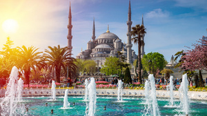 Istanbul Turkey Blue Mosque City Garden Sky Sunlight Mosque Fountain Palm Trees 3840x2560 Wallpaper
