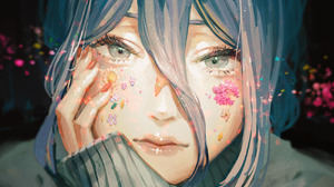 Digital Art Artwork Illustration Women Anime Anime Girls Blue Hair Long Hair Face Closeup Flowers Lo 1700x2000 Wallpaper
