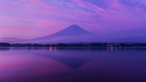 Sky Volcano Japan Lights Reflection Shore Clouds Fuji Mountain Fujiyama Lilac 3840x2428 Wallpaper