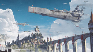 Digital Art Artwork Illustration City Cityscape Clouds Futuristic Spaceship Bridge Castle Sky 2500x1250 Wallpaper