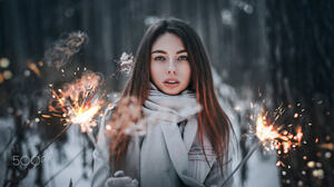 Anton Harisov Women Ombre Hair Scarf Winter Fireworks Portrait Brunette 2048x1152 wallpaper