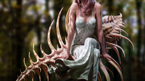 Women Pointy Ears Legs Crossed Depth Of Field Barefoot Forest Dress CGi Bones Spine Leaves Sitting L 3776x4384 wallpaper