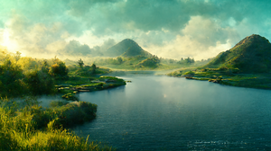 Lake Peaceful Water Blue Green Mountains Landscape Field Clouds Smog Mist Grass Hills Ai Art 2048x1152 Wallpaper