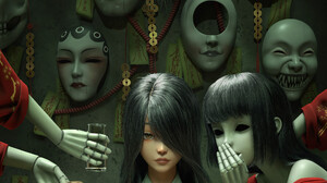 Ivan Lim Asian Women Black Hair Hair In Face Creepy Mask Hair Over One Eye Puppets Brush Cookies Hor 1970x3500 Wallpaper