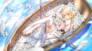 Anime Anime Girls Fantasy Art Fantasy Girl Looking At Viewer Boat Vehicle Petals Blonde Flower In Ha 3508x2480 Wallpaper