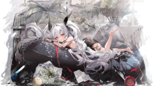 Anime Girls Azur Lane Lying On Front Long Hair Feet Water Flowers Looking At Viewer Leaves White Hai 2048x1535 wallpaper