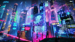 Xuteng Pan Digital Digital Art Artwork Illustration Cityscape Skyscraper Cyberpunk City Night Neon N 2800x1225 Wallpaper