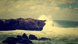 Filter Nature Crash Waves Rock Sea Landscape Overcast Sea Coast 2560x1440 Wallpaper