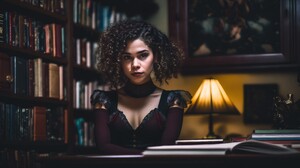 Ai Art Women Library Brunette Lamp Books Curly Hair Face Looking At Viewer 4579x2616 Wallpaper