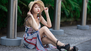 Asian Model Women Long Hair Sitting Women Outdoors Urban Heels Black Heels Legs Dress Pouting Hat St 3840x2560 Wallpaper