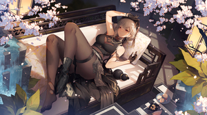 Anime Anime Girls Lying Down Lying On Back Gloves Leaves Flowers Pearl Necklace Couch Petals Water M 3508x1970 wallpaper