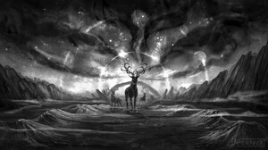 Grayfox Windmill Fantasy Art Deer Antlers Fangs Monochrome 1920x1080 Wallpaper