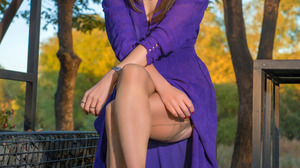 Asian Model Women Long Hair Brunette Sitting Purple Dress Trees Black High Heels Depth Of Field Tabl 2560x3840 Wallpaper