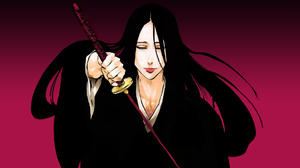 Bleach Anime Anime Girls Fantasy Girl Sword Dark Hair Simple Background Red Background Long Hair Wea 1920x1080 Wallpaper