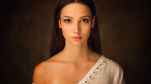 Women Mariya Volokh Portrait Maxim Maximov Brown Eyes Brunette Freckles White Clothing 2048x1467 Wallpaper