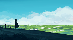 Anime Girls Anime Sky Clouds Field Horizon Silhouette Village 5640x2400 Wallpaper