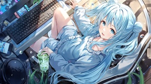 Anime Anime Girls Blue Hair Blue Eyes Drink Nintendo Switch Phone Twintails Water Drops Keyboards Lo 2000x1125 Wallpaper