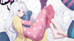 Anime Anime Girls Pyjamas Long Hair Horns Looking At Viewer Blushing Pillow Feet Lying On Side White 2480x1417 Wallpaper