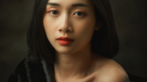 Hoang Nguyen Women Asian Dark Hair Makeup Fur Black Clothing Simple Background Portrait 1536x2048 wallpaper