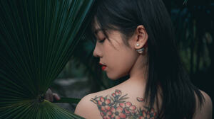 Qin Xiaoqiang Women Dark Hair Bare Shoulders Makeup Asian Strapless Dress Leaves Plants Tattoo Natur 1474x2048 Wallpaper