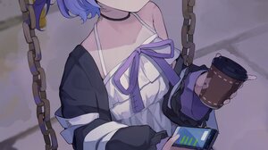 Anime Anime Girls Phone Swings Sitting Short Hair Choker Looking At Viewer Blue Hair Yellow Eyes Por 2267x3300 Wallpaper