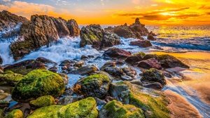 Malibu California USA Nature Sky Coast Sea Waves Stones Sunset Moss 3840x2160 Wallpaper