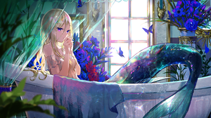 Anime Anime Girls Mermaids Bathtub Butterfly Flowers Looking At Viewer Window Curtains Tail Long Hai 1500x1062 Wallpaper