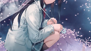 Anime Anime Girls Umbrella Petals Purple Hair Blue Eyes School Uniform Reflection Water 1414x2000 wallpaper