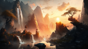 Ai Art Waterfall Sunset Mountains China Water Sunset Glow Nature Reflection Clouds Sun 3136x1792 Wallpaper
