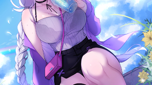 Anime Anime Girls Drink Sunglasses Braids Moles Red Eyes 1800x2500 Wallpaper
