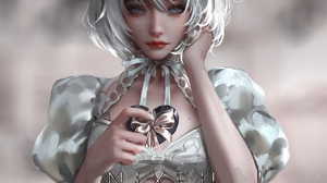 Nixeu Drawing Nier Automata Women Androids 2B Nier Automata Silver Hair Hairband Ribbon Dress White  1294x1300 Wallpaper