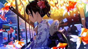 Anime Kimono Fish Fish Tank Brunette Anime Girls 1800x985 Wallpaper