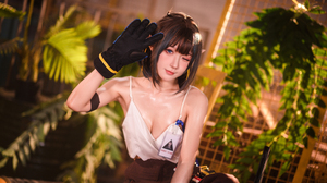 Women Model Asian Cosplay Eunectes Arknights Arknights Video Games Pointy Ears White Tops Women Indo 5383x2934 Wallpaper