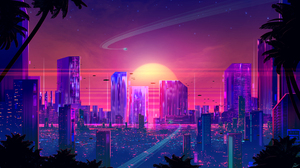 JoeyJazz Science Fiction Digital Art Retrowave Synthwave Cityscape City Sun 2560x1440 wallpaper