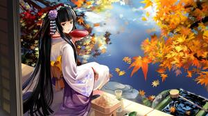 Anime Girls Long Hair Kimono Black Hair Water Looking Back Leaves Maple Leaves Food Alcohol Drinking 3840x2160 Wallpaper